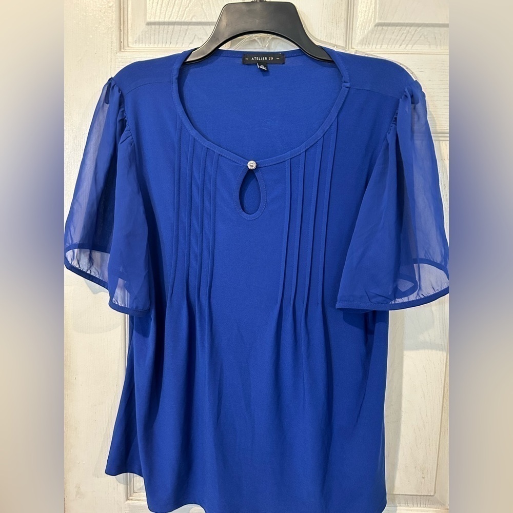 NWOT Atelier 29 Royal Blue Knit Top With Chiffon Short Sleeves